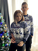 Парний новорічний светр із будиночком і оленями темно-синій M, L, XL (ціна за один)