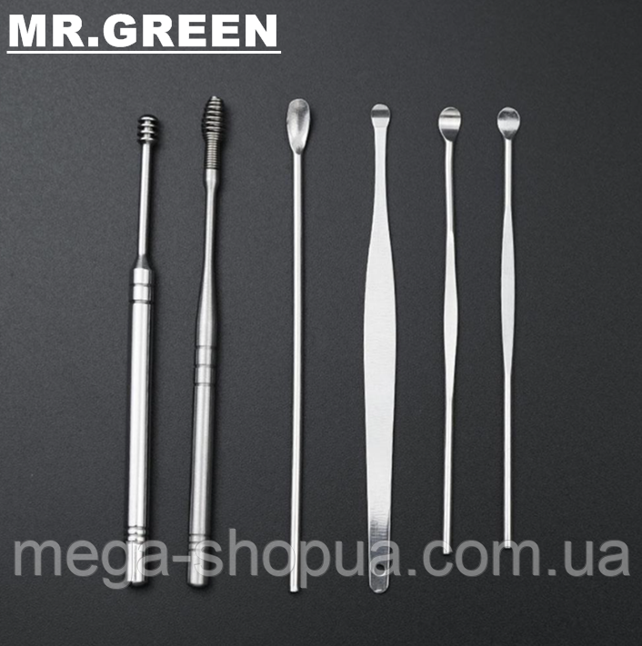 Набір металевих паличок та скребків для чищення вух Green GH6. Вухочистка мімікаку