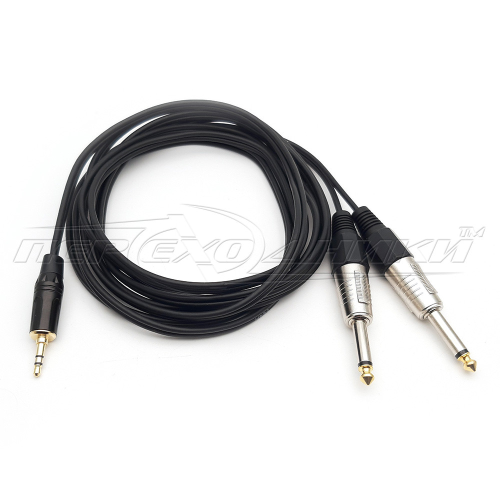 Аудіокабель 3.5 mm стерео to 2*6.3 mm моно jack у екрані