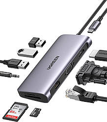 Багатопортовий адаптер концентратор UGREEN USB C 10 в 1 USB C Ethernet з 4K HDMI VGA Grey (CM179)