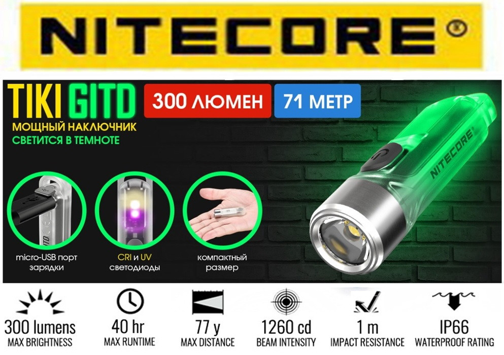 Наключник брелок міні-ліхтарик Nitecore TIKI GITD GREEN (300LM, 130mAh, USB, Osram P8+HI CRI White+UV led)