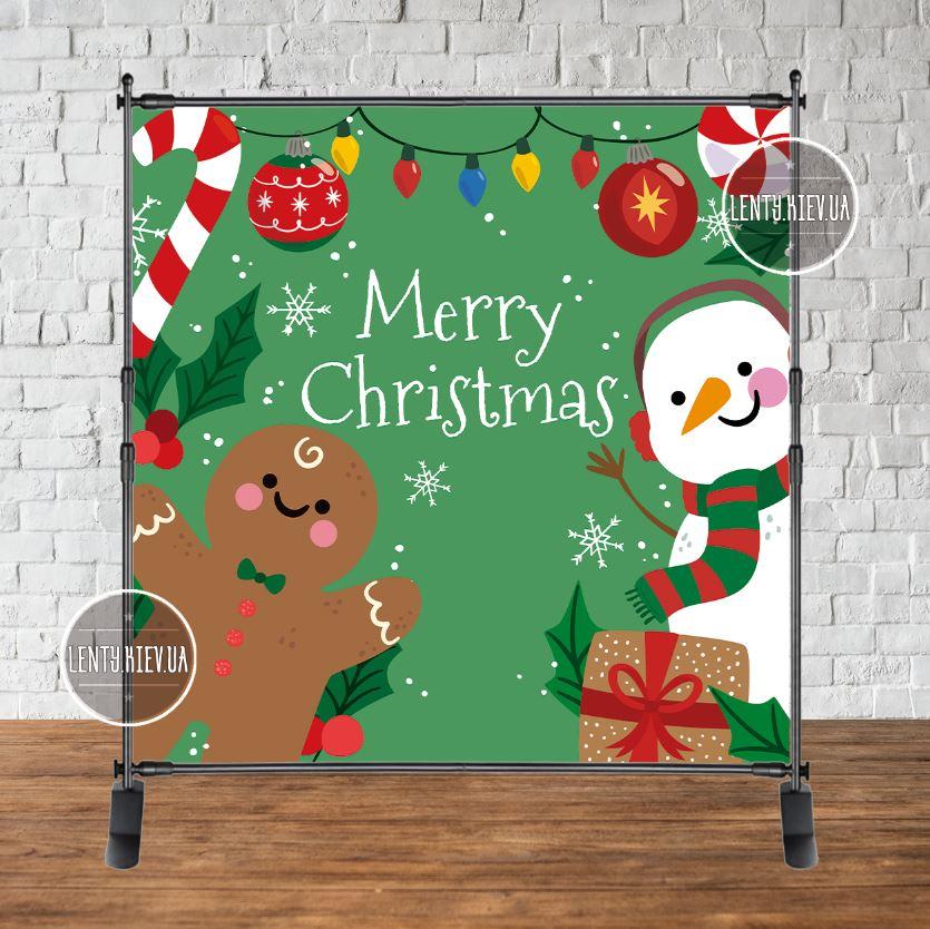 Банер Новорічний 2х2м (Зелений фон, сніговик і печенька) - Фотозона (вініловий) (каркас окремо)