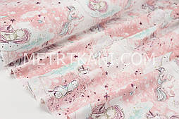 Тканина ранфорс "Єдинороги на місяці" на коралово-рожевому тлі (глітер) Туреччина 240 см No pH 1929