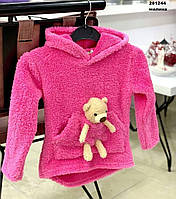 Детское худи с игрушкой для девочки "Медвежонок", плюш, на рост 98см, цвет розовый.