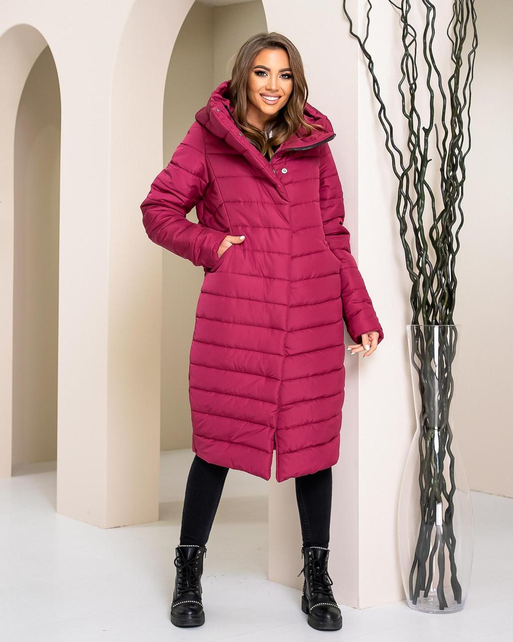 Стьобане зимове пальто-кокон з капюшоном, бордо арт. 180, фото 1