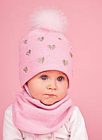 Зимова шапка для дівчинки тепла набір шапки з хомутом зимняя детская шапка с хомутом розовая Dembo House Коко