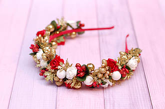 Обруч для волосся / обідок на голову новорічний біло-червоно-золотий 241