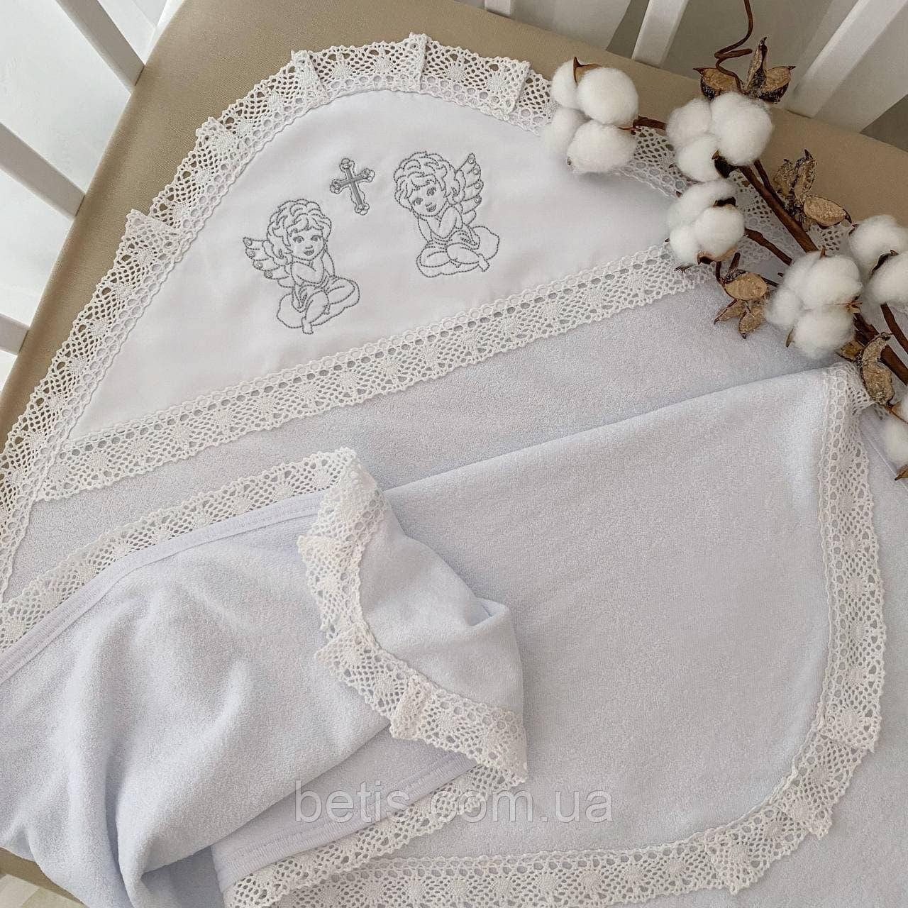 Крижма "Ніжність янголів М" подвійна з вишивкою Білий/срібло Махра арт.27689305 80*90 см.(р), фото 1