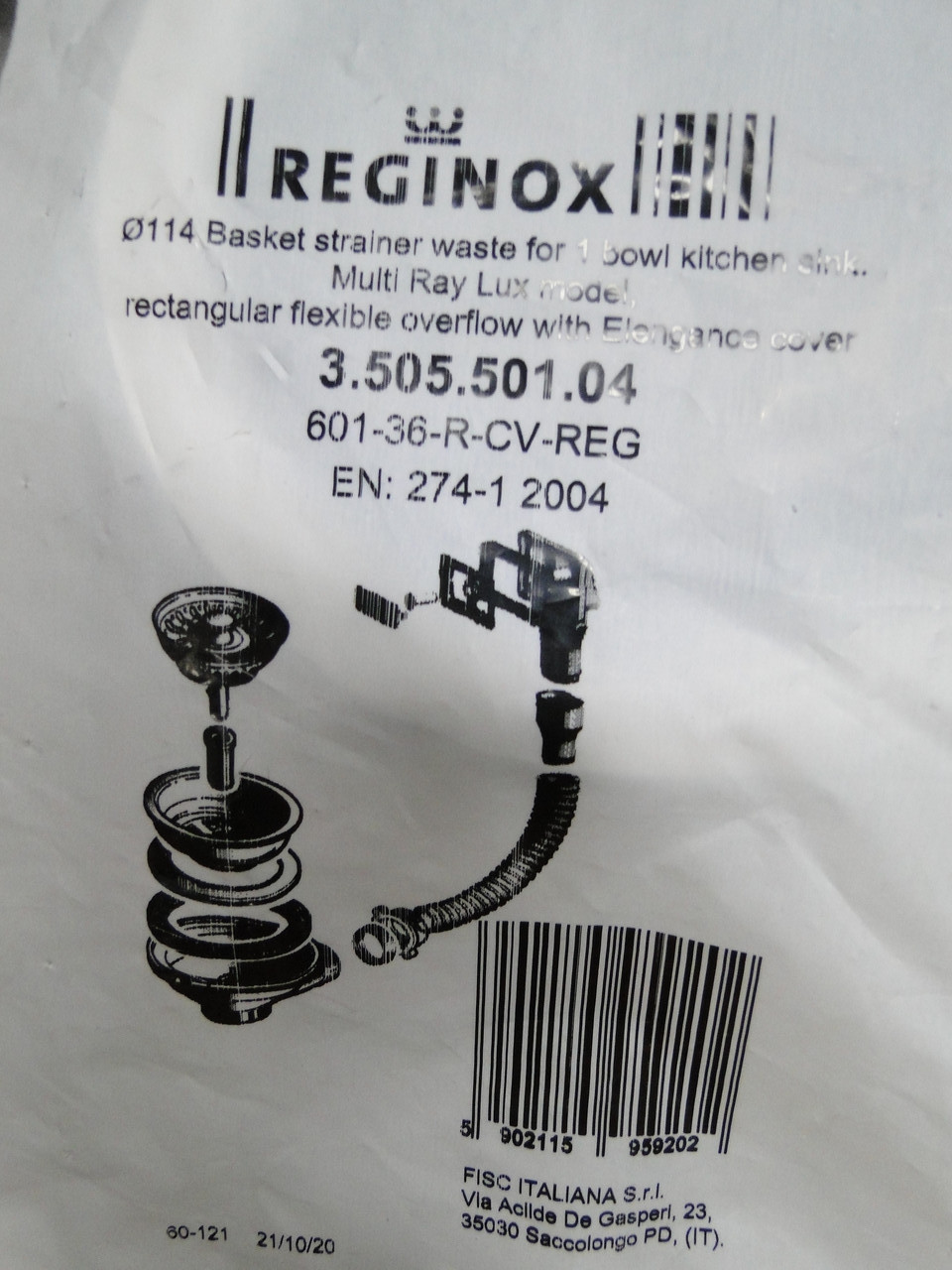 Водозлив (вентиль) для гранітної кухонної мийки Reginox. Сифон