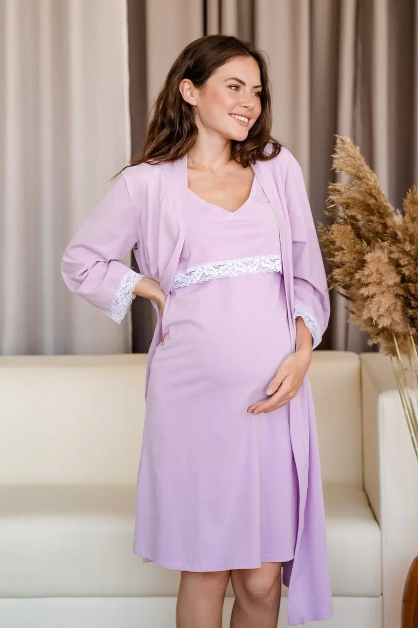 Халат і нічна сорочка для вагітних та годуючих з секретом годування комплект лаванда, 5333041-Л