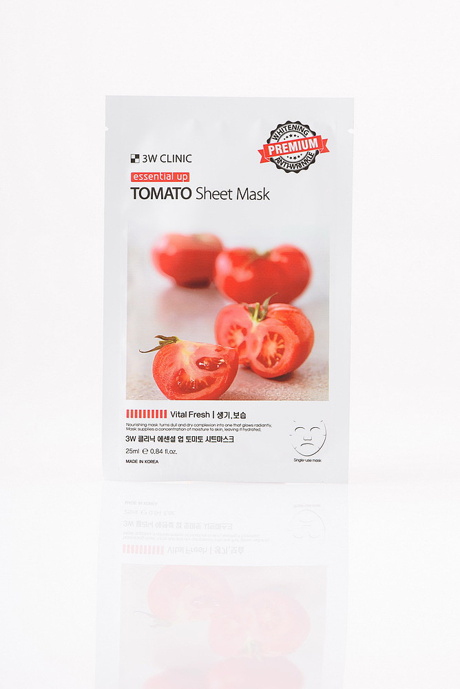 3W CLINIC Essential Up Tomato Sheet Mask Освітлювальна тканинна маска для обличчя з екстрактом томату, фото 1