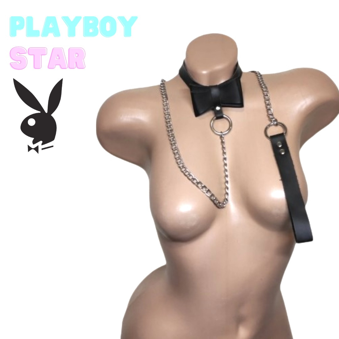 Нашийник бдсм PlayBoy Star з повідцем на ланцюгу і з бантиком
