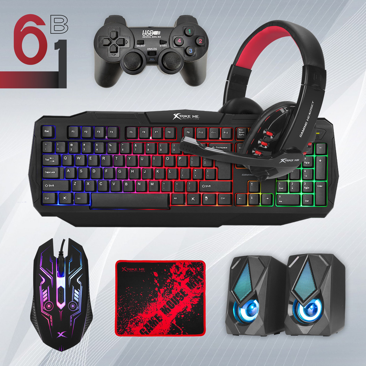 Ігровий комплект 6в1 ігрова клавіатура + миша + навушники + колонки Xtrike Me CM406 геймерський комплект для ПК