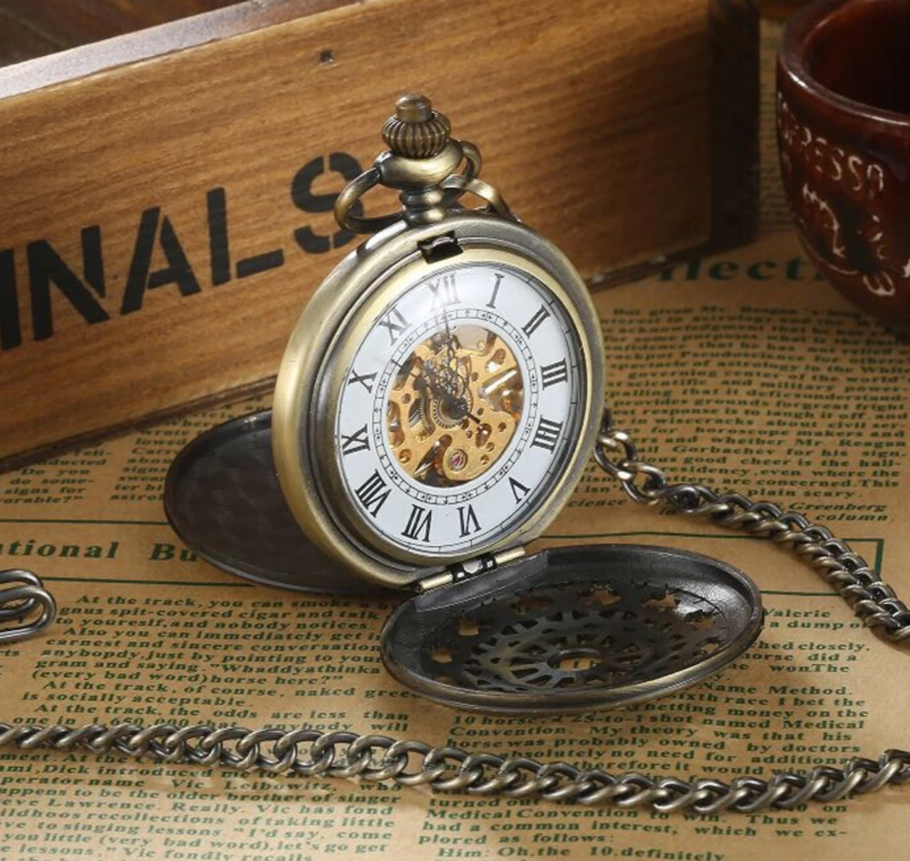 Карманные мужские часы механика две крышки бронзовый цвет