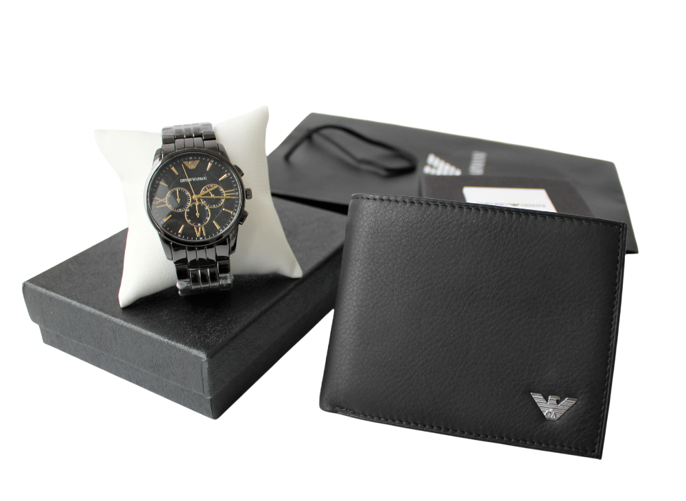 Чоловічий подарунковий набір: годинник і гаманець Armani black, фото 1