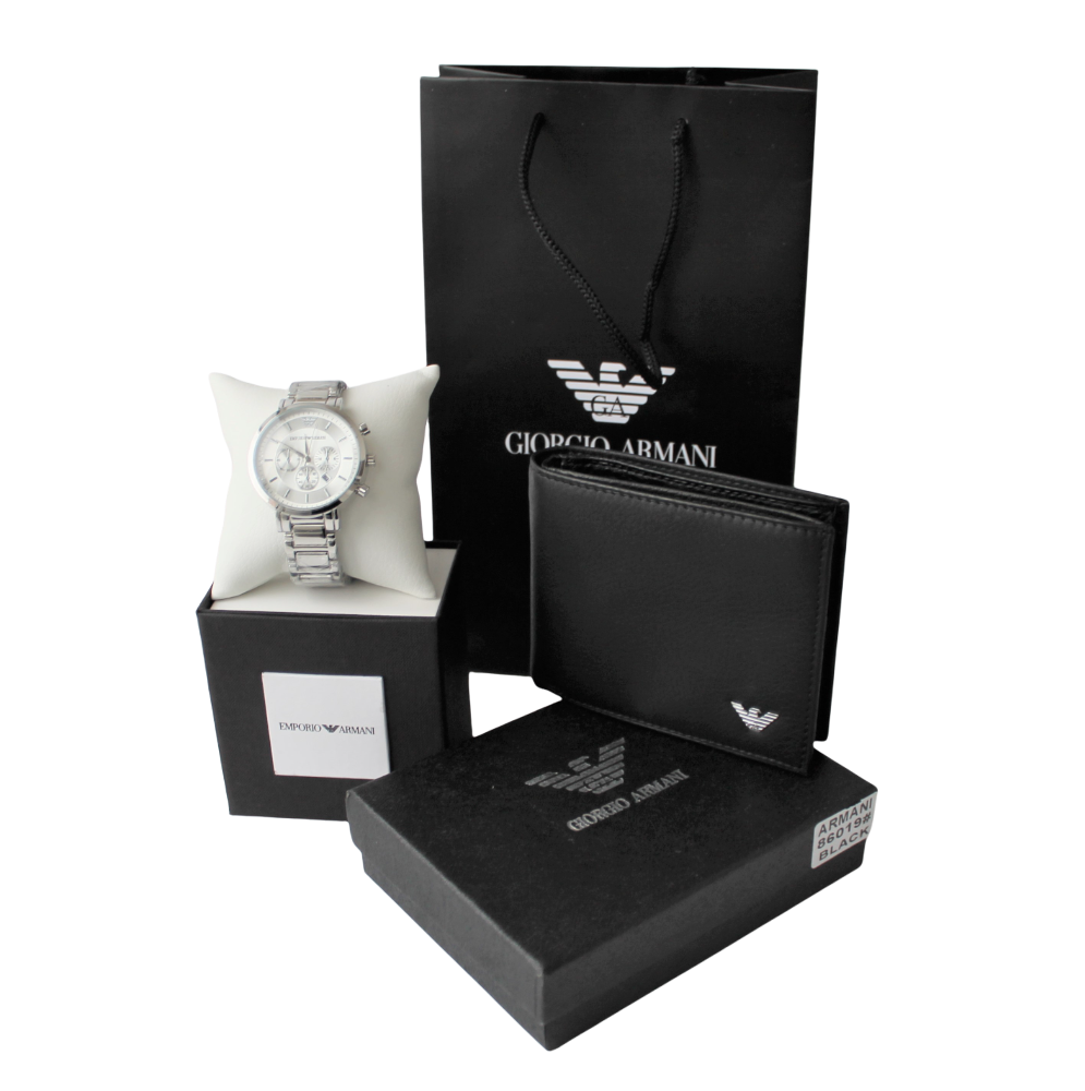 Чоловічий подарунковий набір: годинник і гаманець Armani silver&black