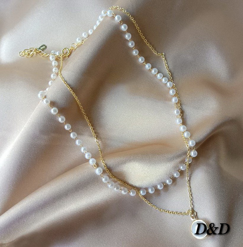 Стильная модная красивая двойная цеопочка с подвеской и ожерелье с исскуственным жемчугом золотистая