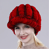 Шапка, кепка з хутра кролика рекс СЕРА З КРАСНИМИ ПОЛОСКАМИ, фото 5