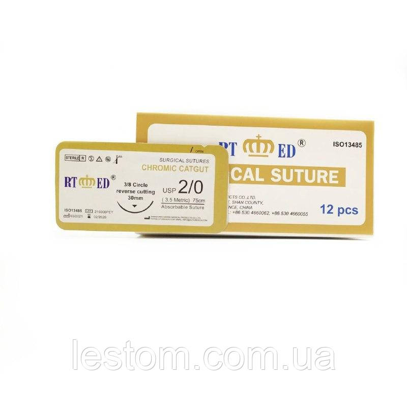 Кетгут хромований RT-med USP 2/0 (EP 3,5) зі звор. ріж. голкою 30мм 3/8 кола