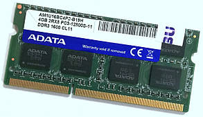 Оперативна пам'ять для ноутбука Adata SODIMM DDR3 4Gb 1600MHz 12800S 2Rx8 CL11 1.5 V (AM1U16BC4P2-B19H) Б/В