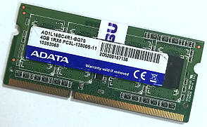 Оперативна пам'ять для ноутбука Adata SODIMM DDR3L 4Gb 1600MHz 12800S 1Rx8 CL11 1.35 V (AO1L16BC4R1-BQ7S) Б/В