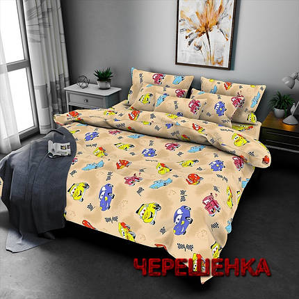 Тканина для постільної білизни Бязь "Gold" Lux дитяча GLB0228beige (50м) Тачки на бежевому, фото 1