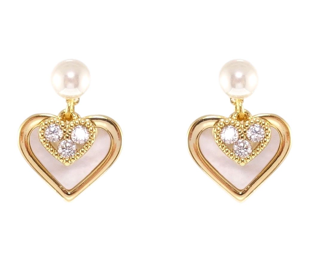 Сережки Xuping QQMM Позолота 14K пусети "Сердечки з перламутровими вставками"