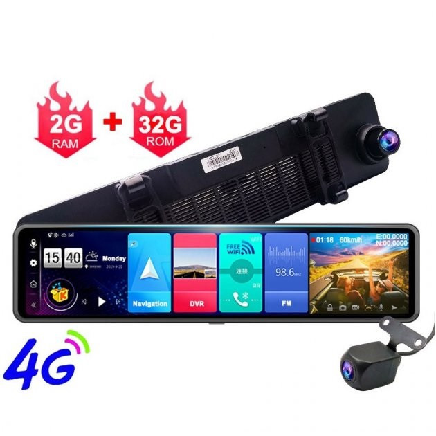 Дзеркало відеореєстратор на базі Android 8.1 — 4G, реєстратор з GPS-навігататором, екран 12" 2/32 GB