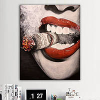 Яскрава та стильна картини на полотні сексуальні червоні губи з сигарою з грошей. Преімум якість!