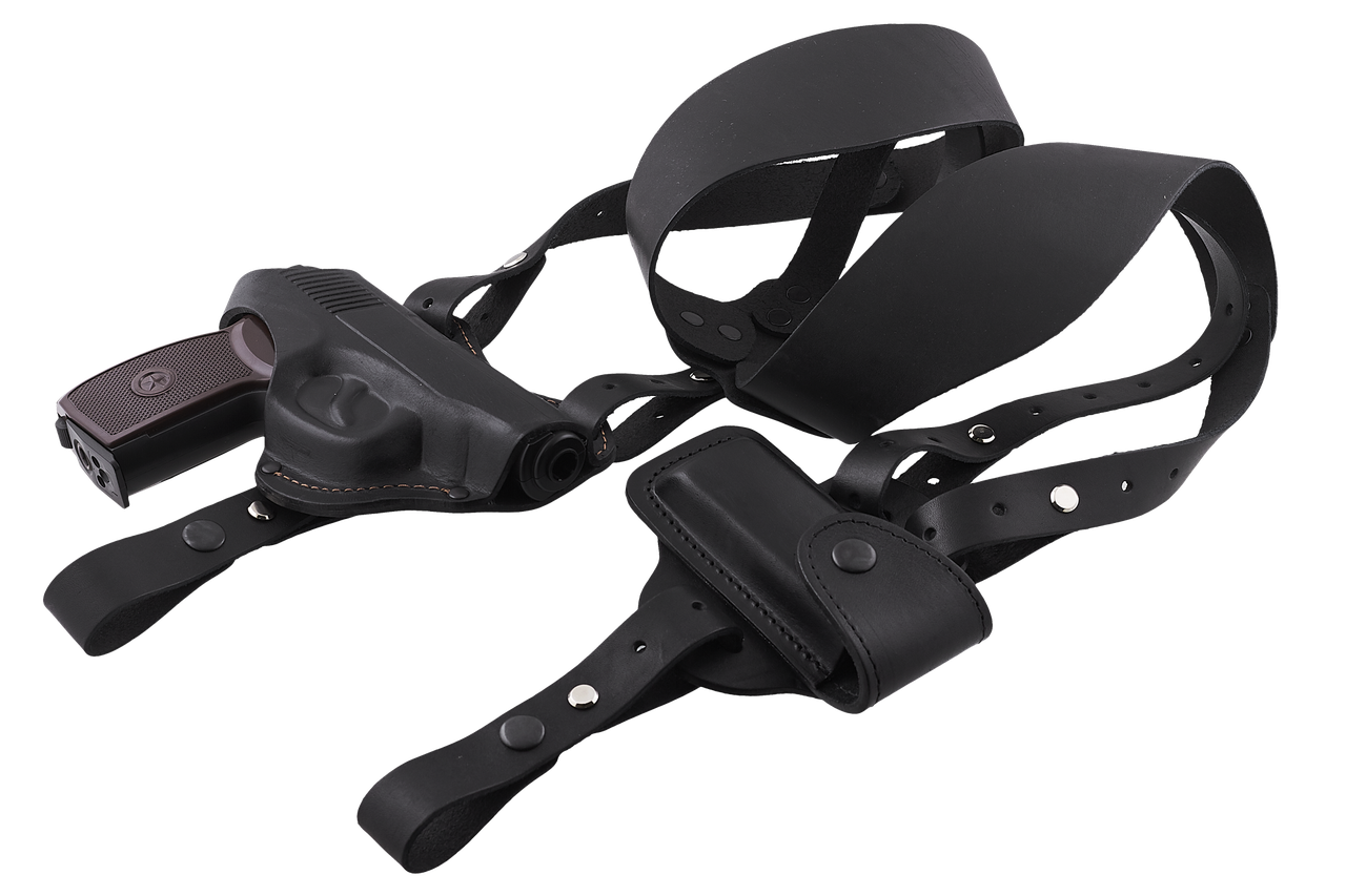 Кобура ПМ оперативна + поясна двостороння формована з чохлом подсумком для магазину (шкіряна, чорна), фото 1