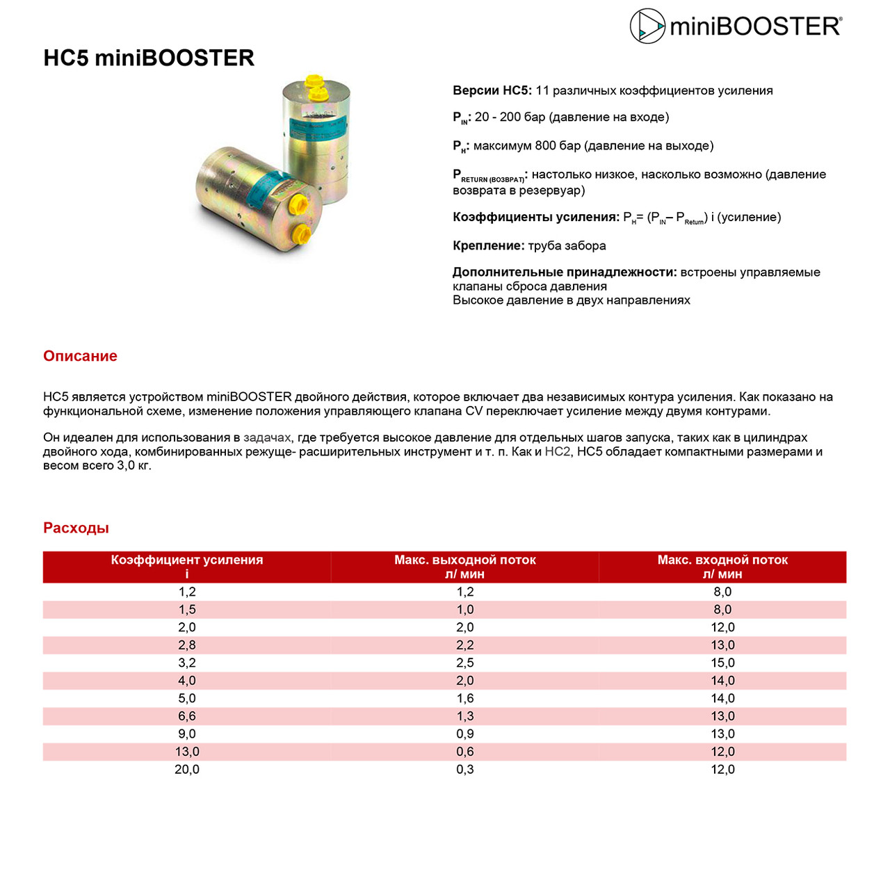 Мультипликатор давления масляный miniBOOSTER HC5 - фото 2 - id-p1542909584