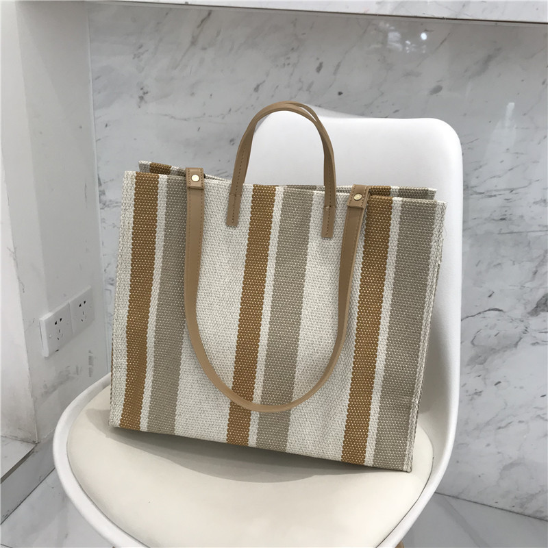 Тканинна сумка-шоппер в коричневу смужку, фото 1