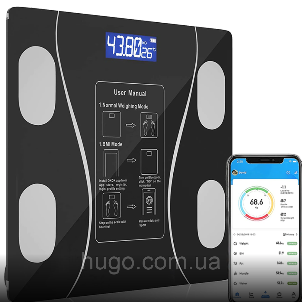 Ваги підлогові розумні Bluetooth до 180 кг A-8003, Чорні / Електронні смарт фітнес ваги з додатком