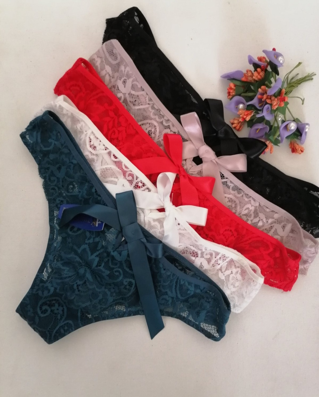 Мереживні жіночі стринги з атласним бантом 44-48р 5 кольорів, фото 1