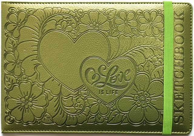 Скетчбук 64арк. A5 "2 серця" чисті аркуші, шкірзам,на резинці, зелений №9314/Мандарин/(40), фото 1