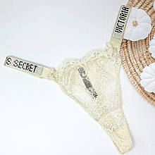 Мереживні трусики стрінги зі стразами Victoria Secret Very Sexy Logo Shine Strap Thong Panty (Репліка) Білий, M (80-90 см)