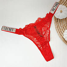 Мереживні трусики стрінги зі стразами Victoria Secret Very Sexy Logo Shine Strap Thong Panty (Репліка) Червоний, L (93-100 см)