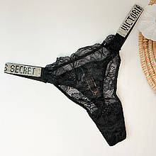Мереживні трусики стрінги зі стразами Victoria Secret Very Sexy Logo Shine Strap Thong Panty (Репліка) Чорний, M (80-90 см)
