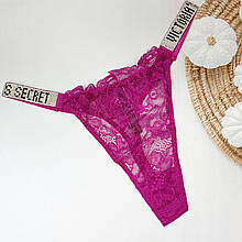 Мереживні трусики стрінги зі стразами Victoria Secret Very Sexy Logo Shine Strap Thong Panty (Репліка) Бузковий, M (80-90 см)