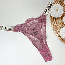 Мереживні трусики стрінги зі стразами Victoria Secret Very Sexy Logo Shine Strap Thong Panty (Репліка)