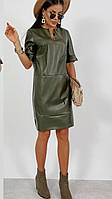 Стильное платье из экокожи, арт. N301, цвет оливка