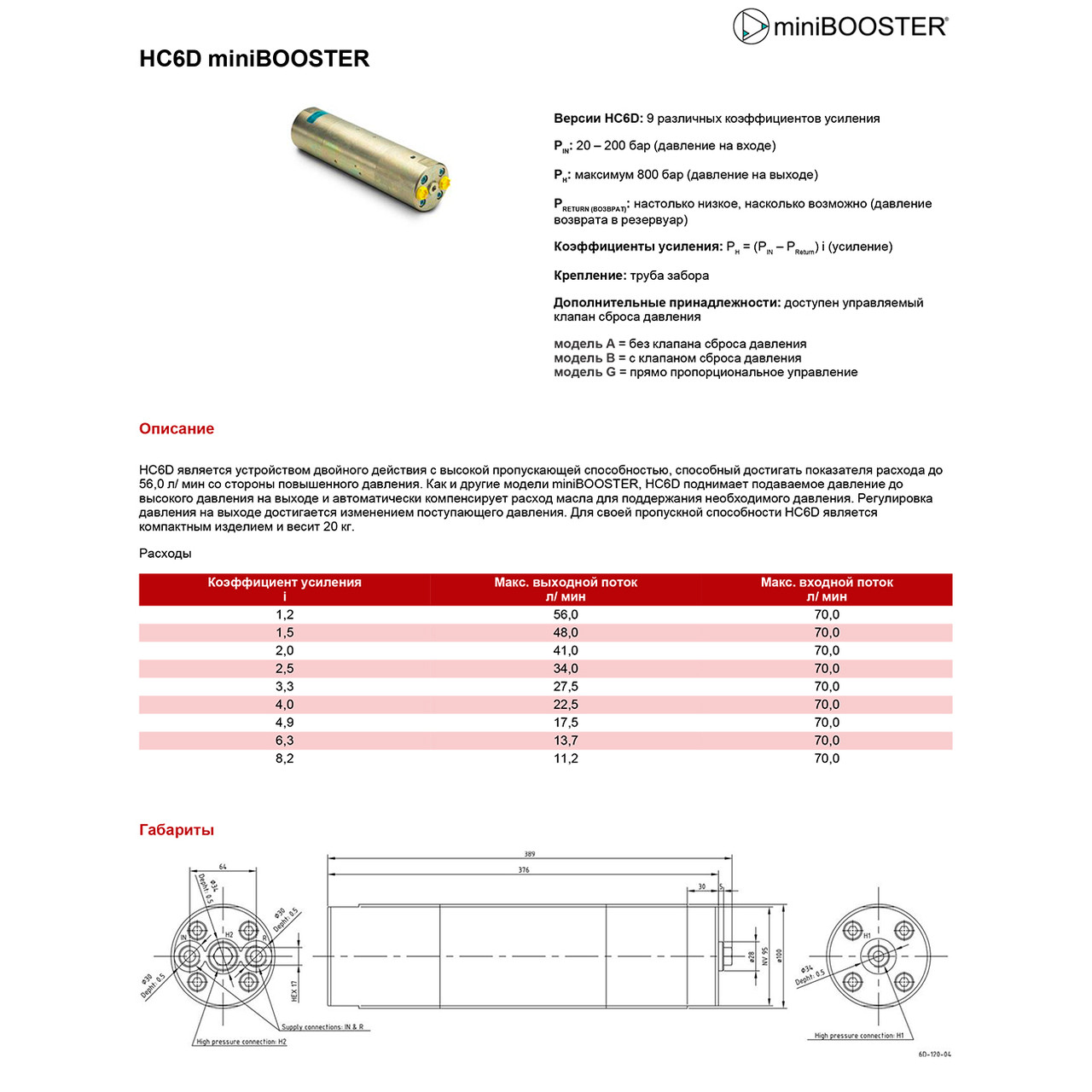 Мультипликатор давления масляный miniBOOSTER HC6D - фото 3 - id-p1543418923