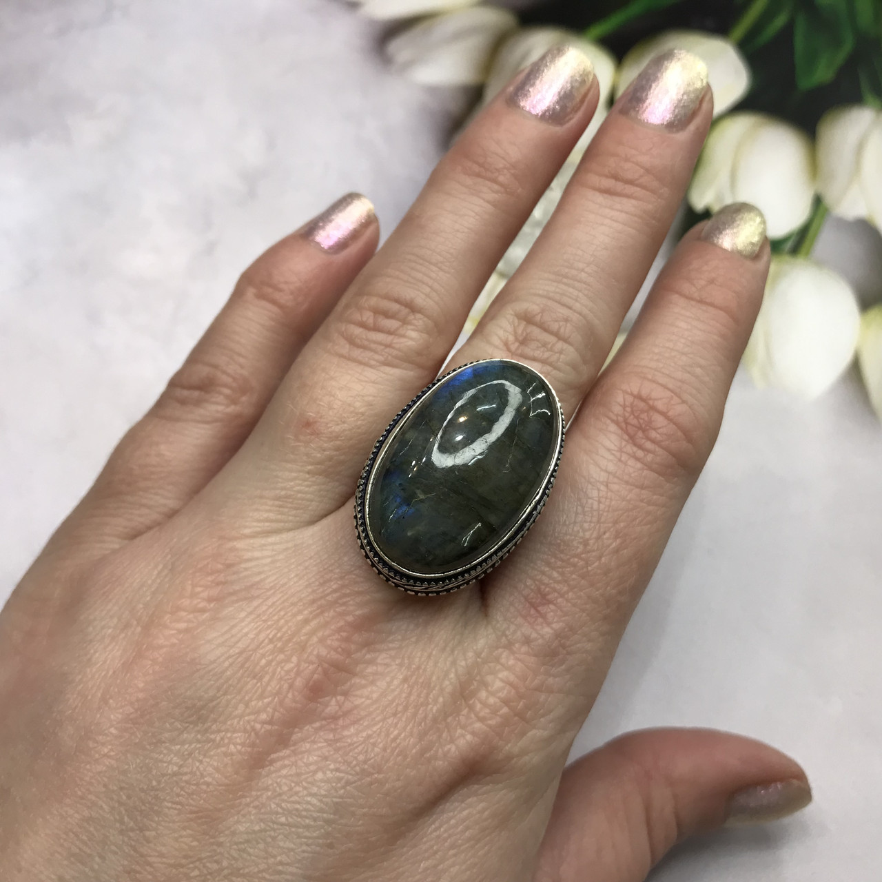Лабрадор кільце квадрат з натуральним лабрадором в сріблі кільце з лабрадором кільце лабрадор 17,5 розмір, фото 1