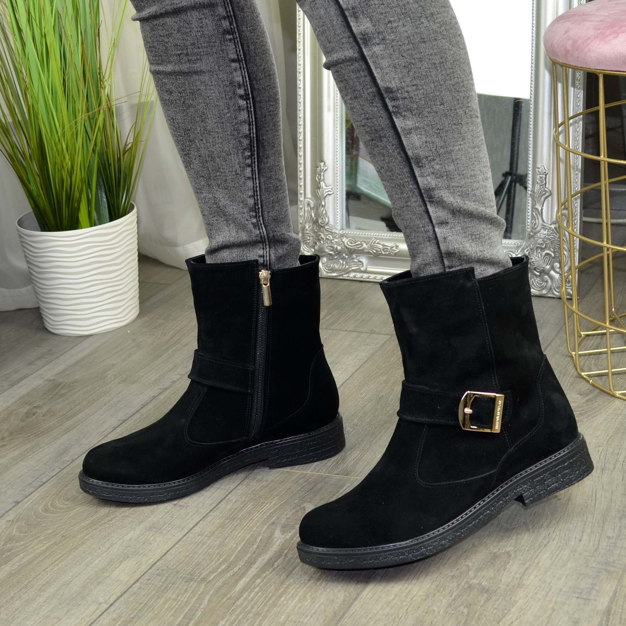 Стильні замшеві туфлі з ремінцем, натуральна чорна замша, фото 1