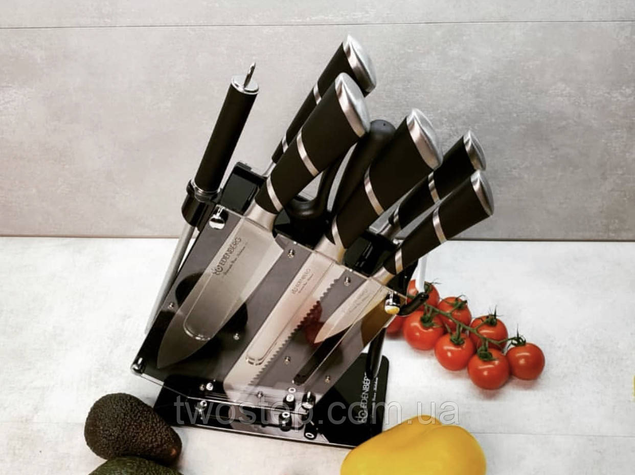 Набір кухонних ножів на підставці 9 предметів Royalty Line RL-3613 Ножі для кухні з нержавіючої сталі Чорний