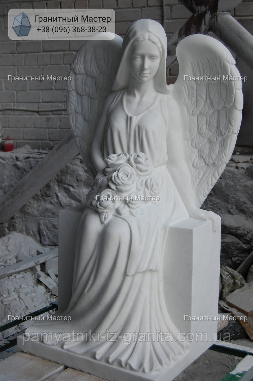 Красивий ексклюзивний пам'ятник з білого мармуру жінці зі скульптурою янгола № 36