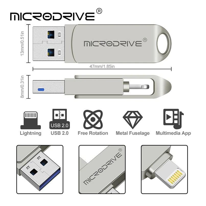 Флешка металлическая 2в1 32ГБ USB-Lightning для Apple iPhone, iPad, iPod, компьютера MICRODRIVE 32GB OTG - фото 2 - id-p1543527945