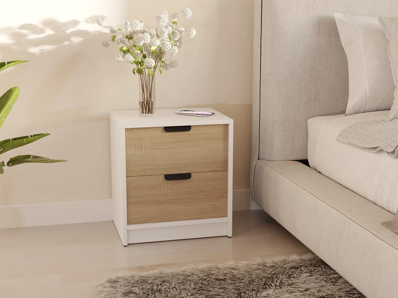 Тумба Прикроватная с Выдвижными Ящиками с Черной Ручкой FHT-3 Белый/Дуб ...