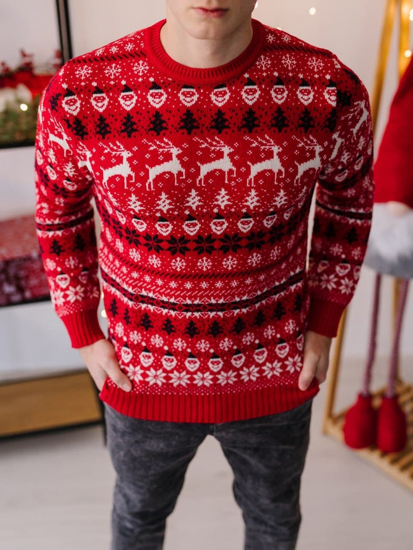 Зимовий новорічний вовняний червоний светр із оленями теплий