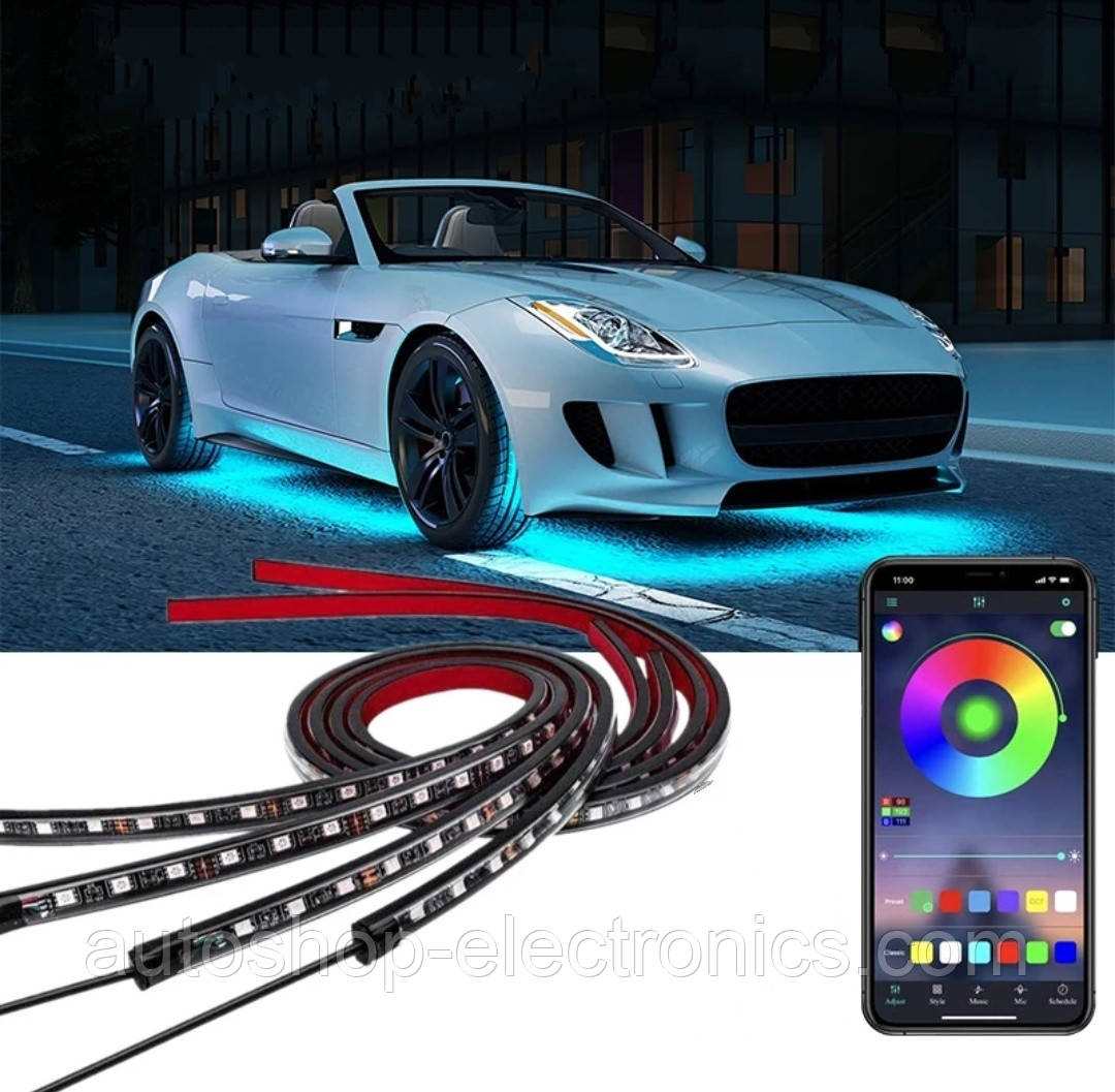 Підсвічування днища і салону автомобіля BLUETOOTH / Світлодіодна RGB LED стрічка (2 шт х 90 см + 2 шт х 120 см)